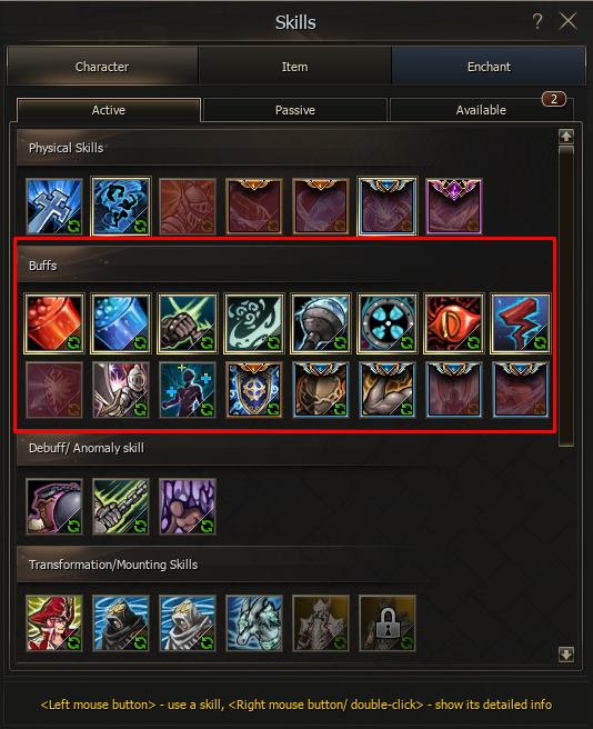 Buff section in the Skills window
