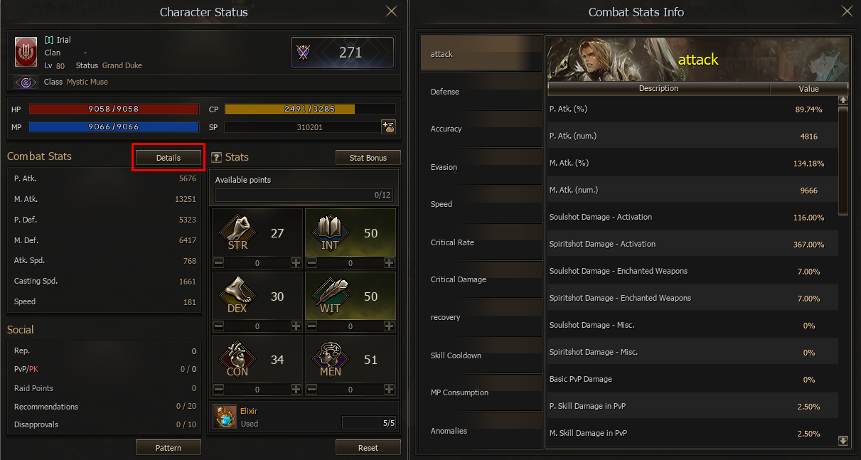 Combat Stats Info categories and attack values