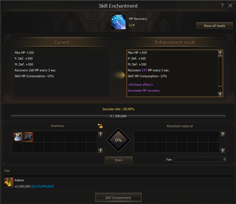 Skill Enchantment progress and success rate