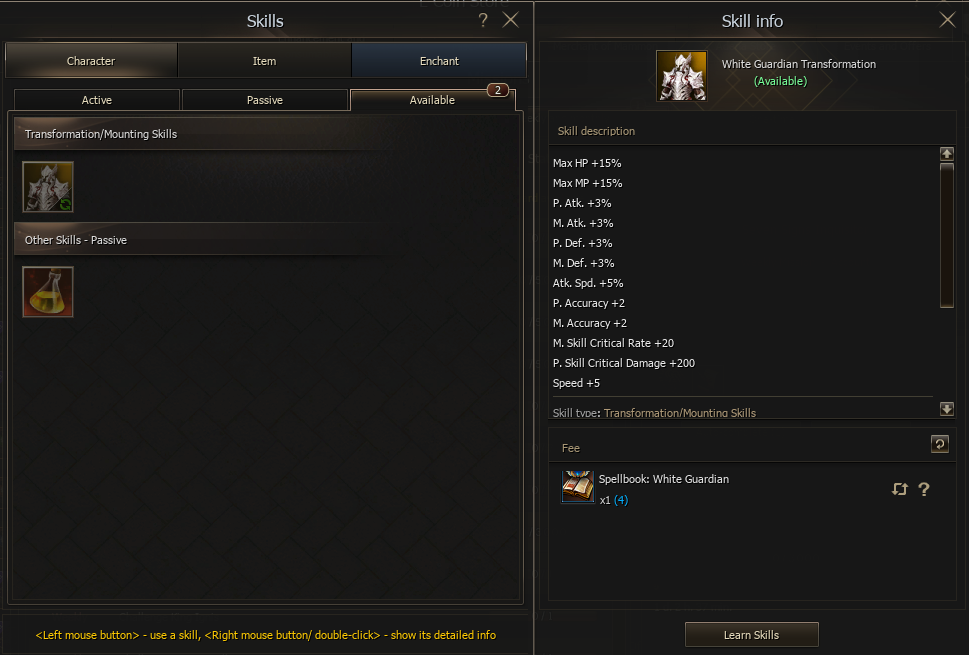 Available skill with its Spellbook requirement