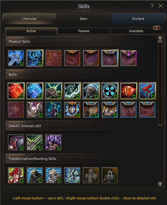 Active skills and buffs in the Skills window