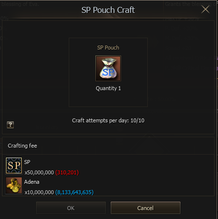 SP Pouch craft cost and daily limit