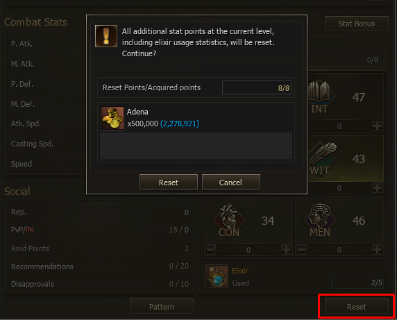 Stat point reset confirmation and Adena cost