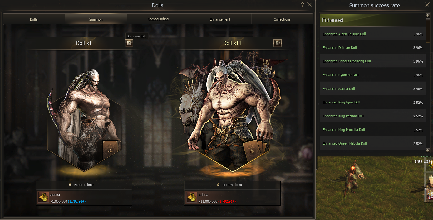 Doll summons with Adena and the Summon List