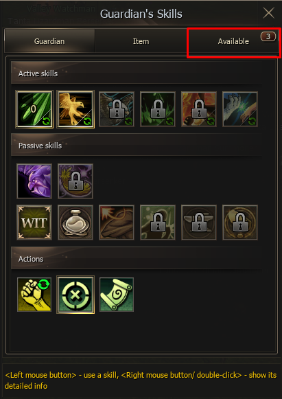 Available tab in the Guardian Skills window
