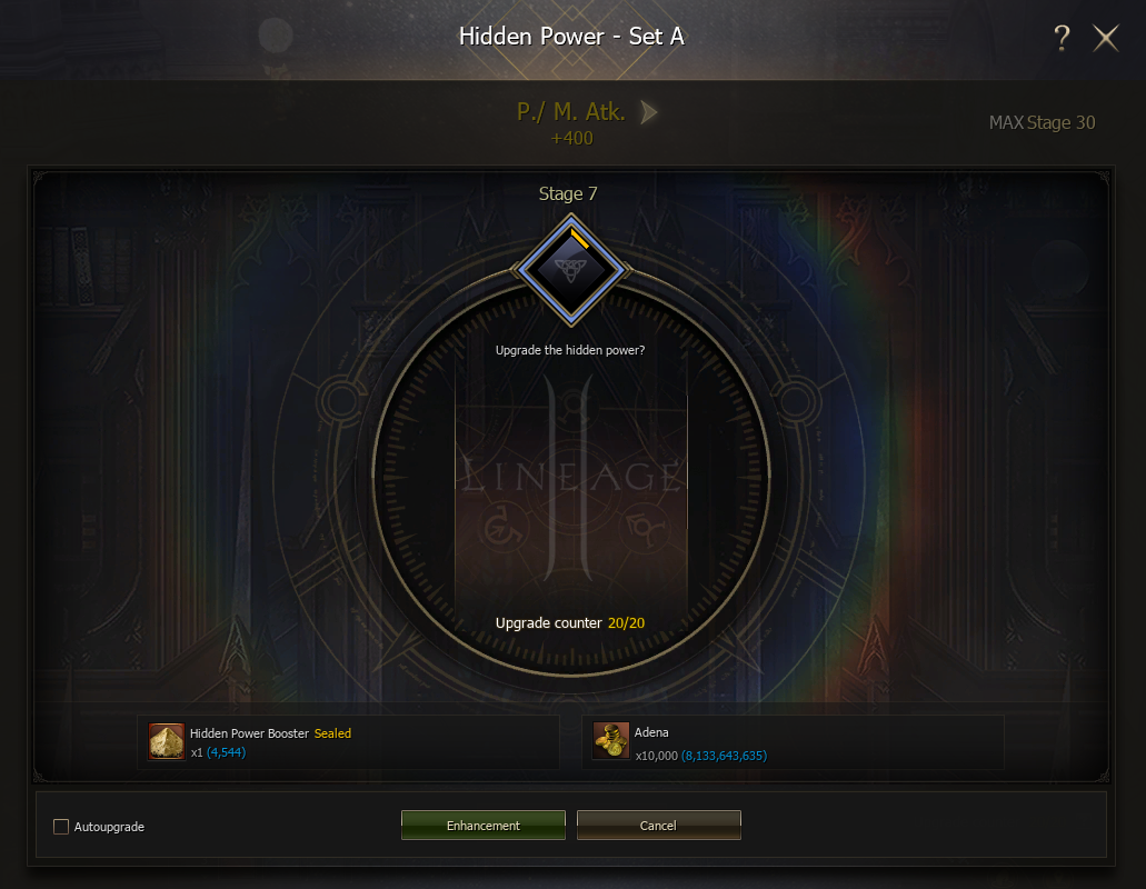 Hidden Power upgrade cost window