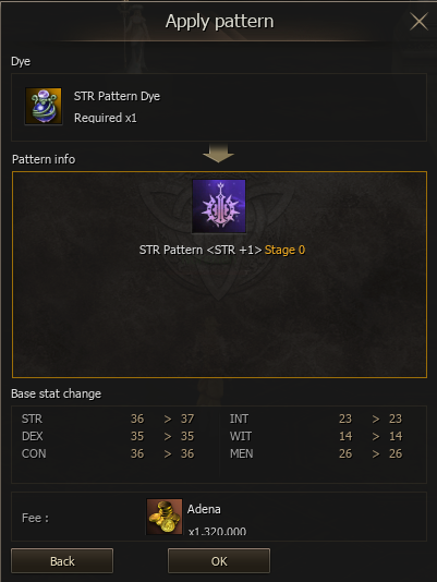 STR Pattern application confirmation and Adena cost