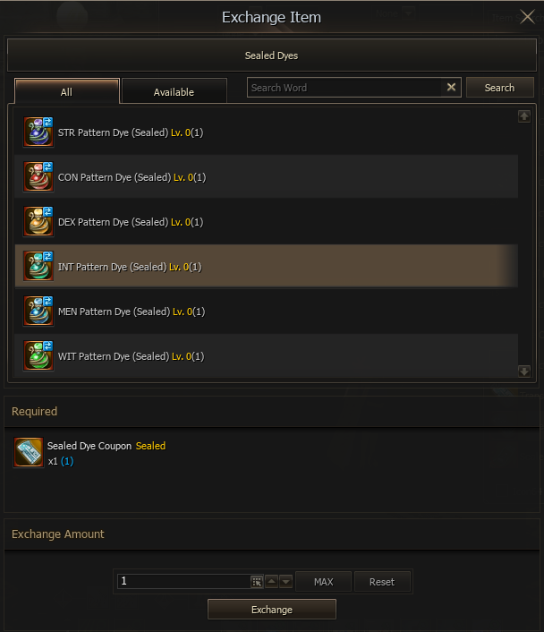Stage 0 Pattern Dye selection window