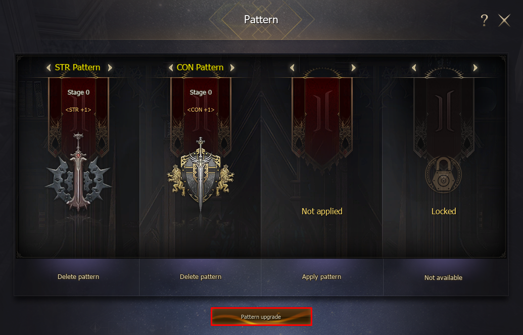 Pattern upgrade button below the active slots
