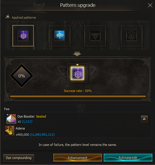 Pattern upgrade window showing rate, Dye Booster and Adena cost